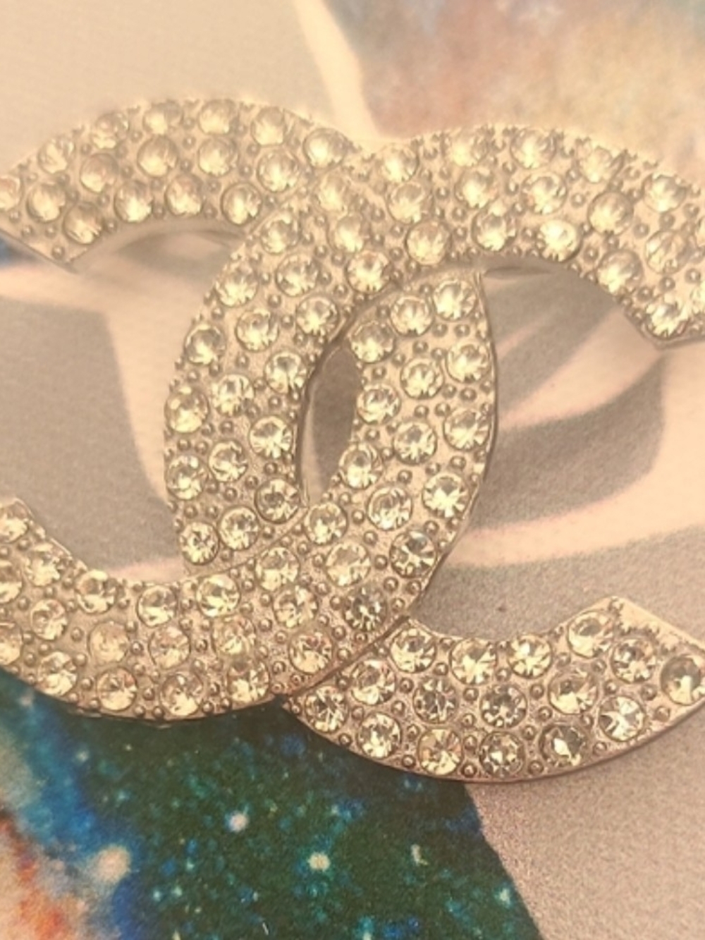 Silver Crystal CC Logo Brooch